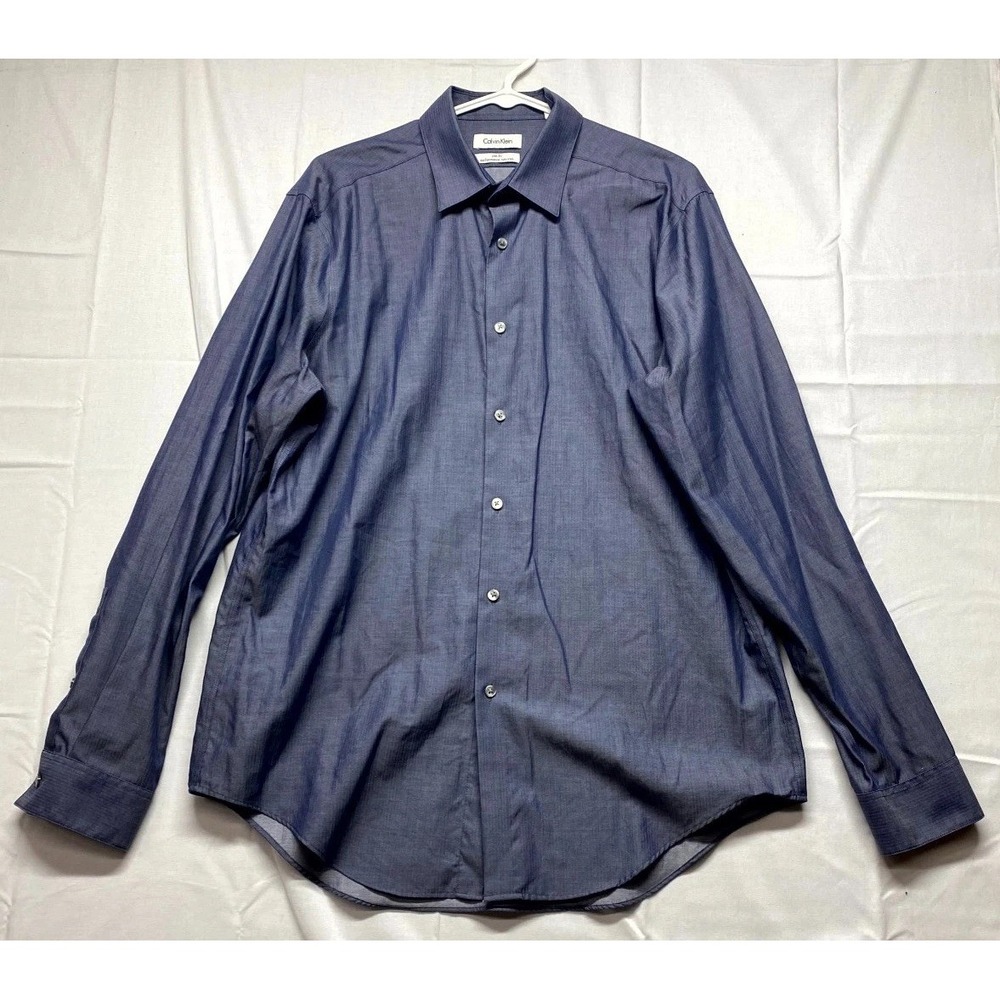 Calvin Klein Dress Shirt Mens 16.5 34/35 Blue Performance Non Iron Slim Fit